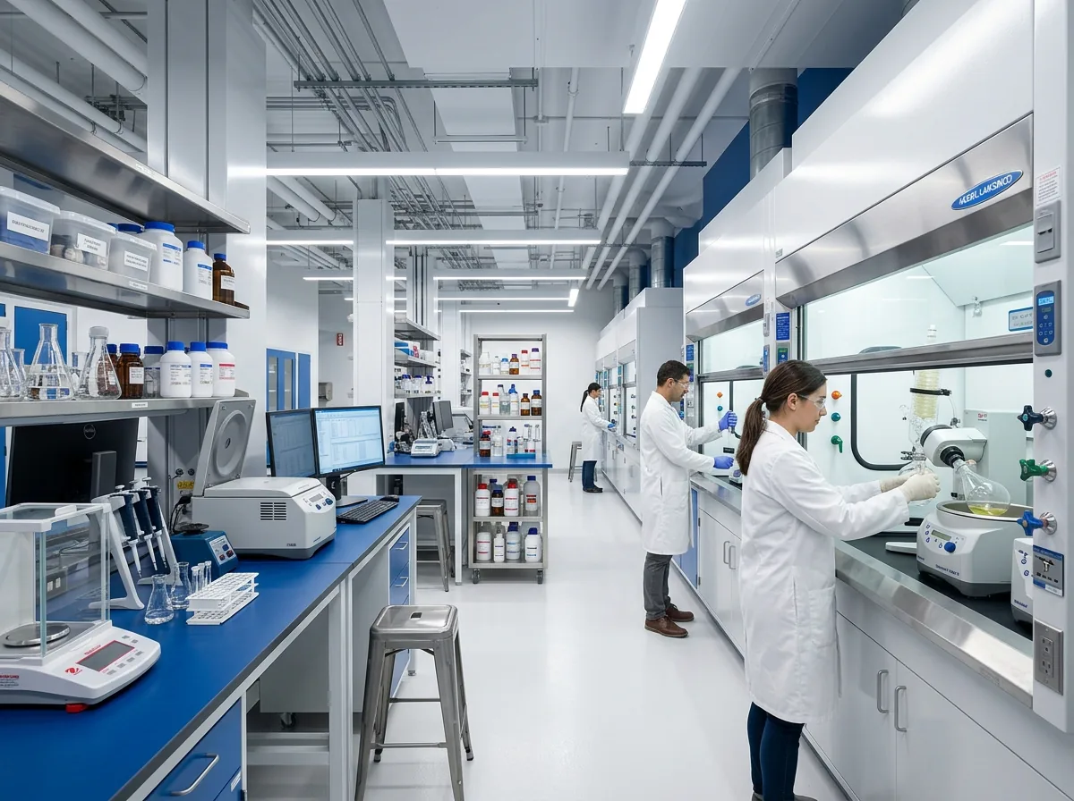 Modern Industrial Laboratory with Modular Furniture and Fume Hoods